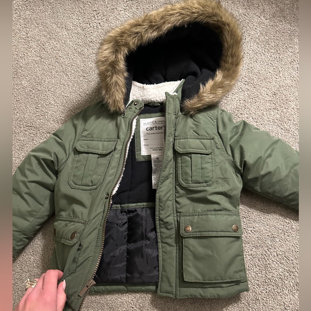4T water-resistant, all-weather winter coat, WARM, fleece lined, hooded, green
